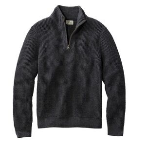 NWOT L.L. Bean Men's Organic Cotton Waffle Sweater, Quarter Zip in Faded Black